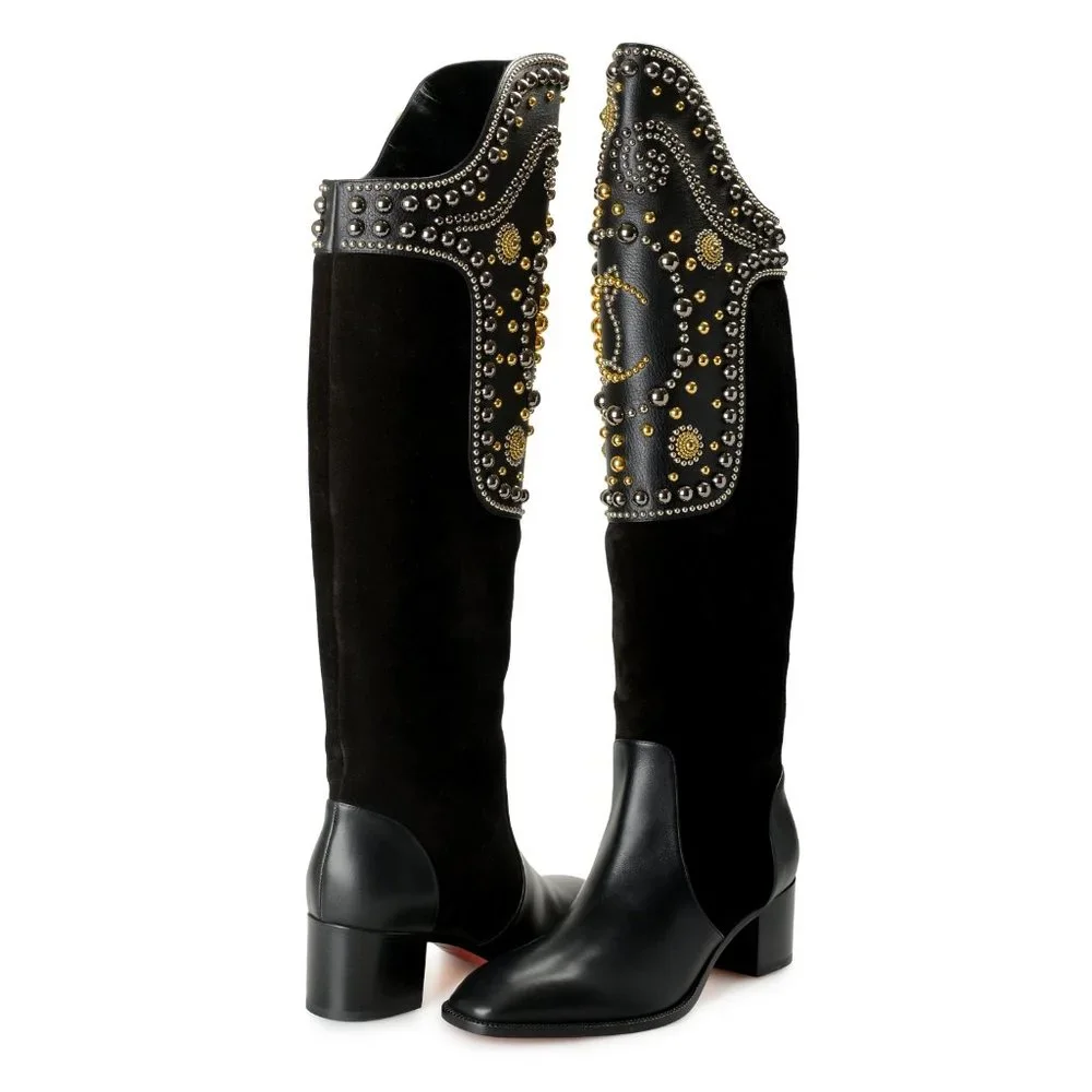 Christian Louboutin Black Over-the-Knee Boot with Gold Stud Detailing